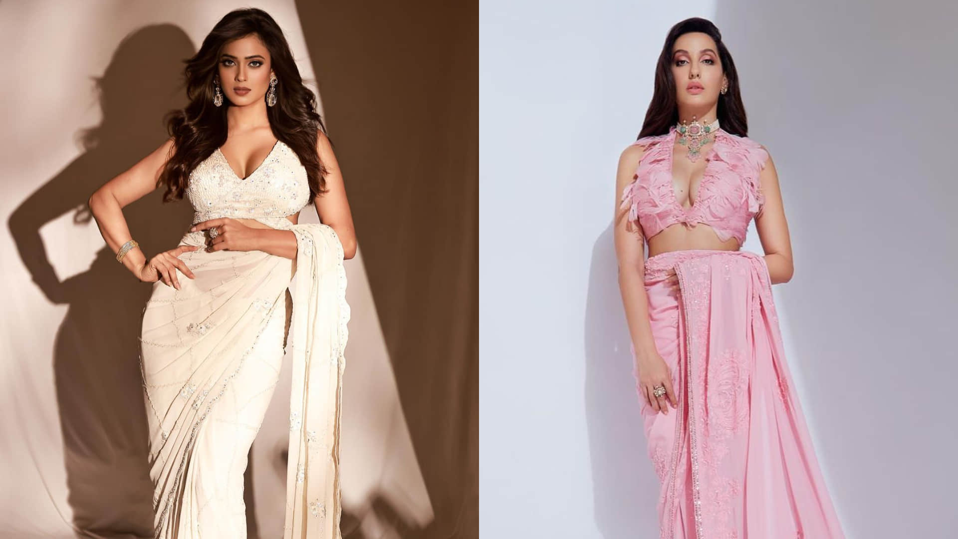 shweta tiwari hot look in white saree with plunging neckline blouse drop pallu for pose