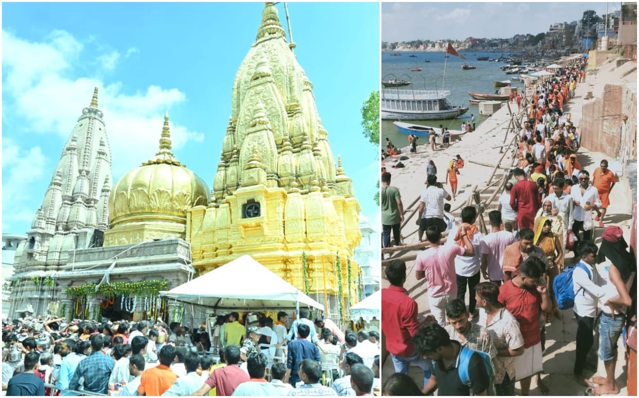 Sawan 2022 first Monday varanasi kashi vishwanath dham devotees reaching Baba Darbar from Ganga dwar for first time