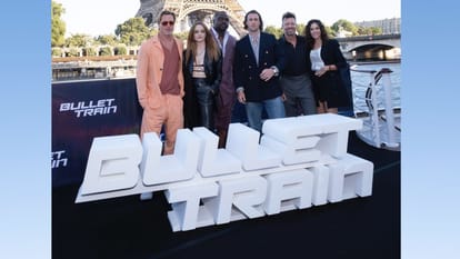 Hollywood Superstar Brad Pitt seen in Paris for a photo call with his Bullet Train co-stars Joey King, Aaron Taylor-Johnson, Brian Tyree Henry director David Leitch