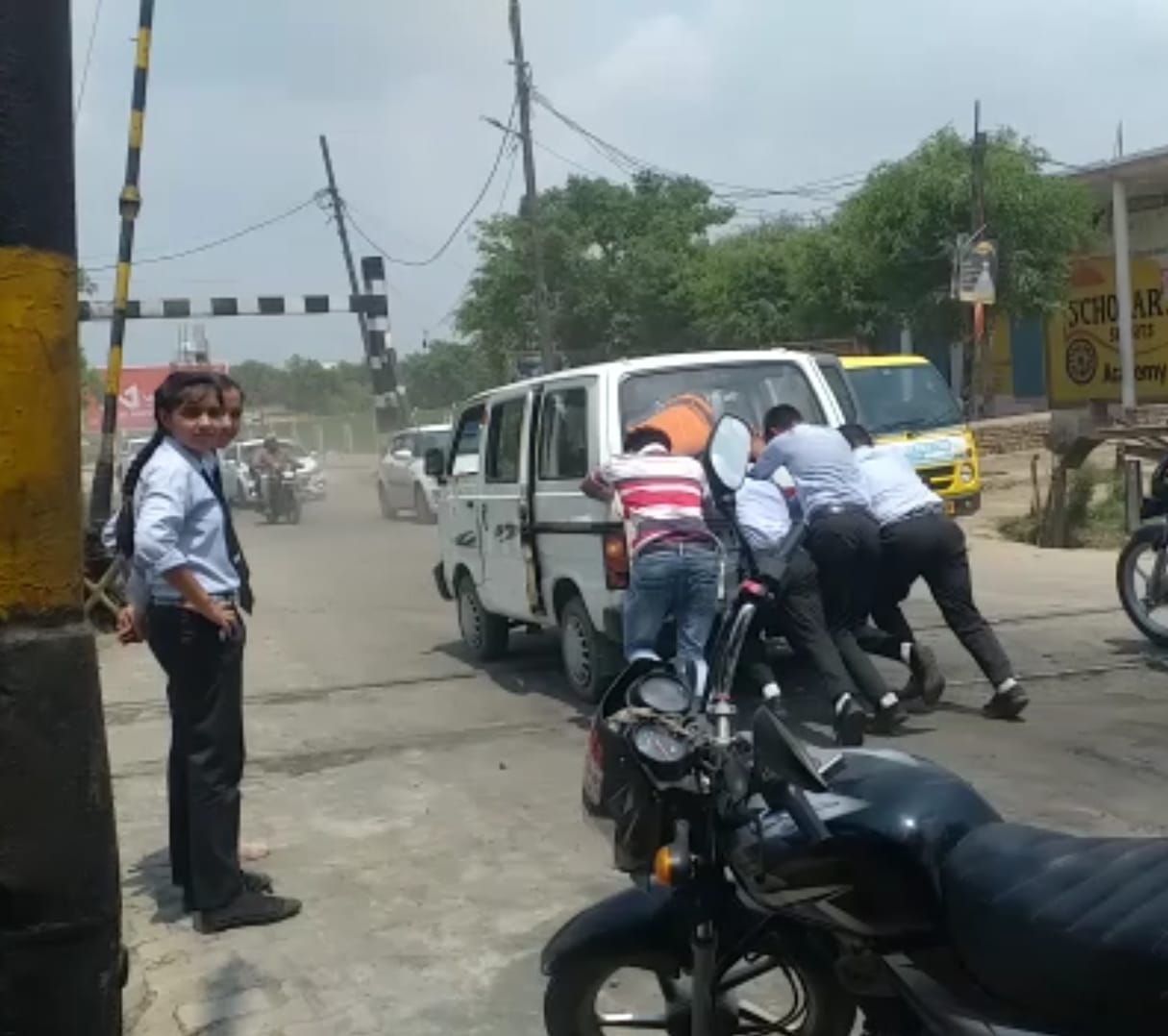 School van stuck at Bijraul Road railway crossing