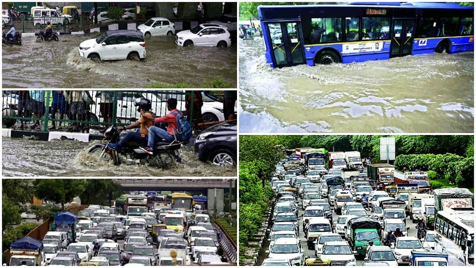waterlogging took place in delhi after rain long jams on roads