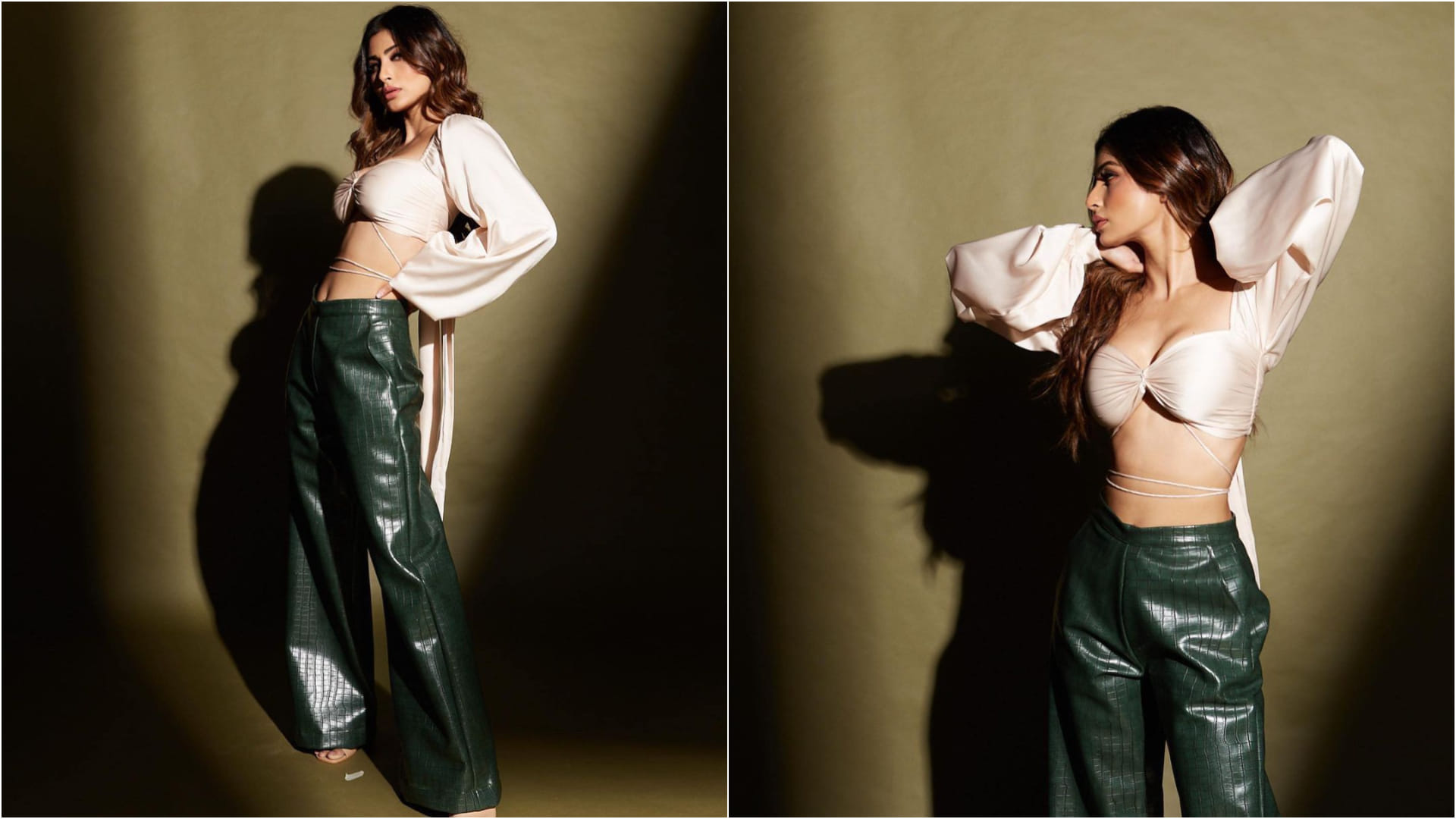 mouni roy glamorous look in satin corset bra top with dramatic sleeves and leather trousers