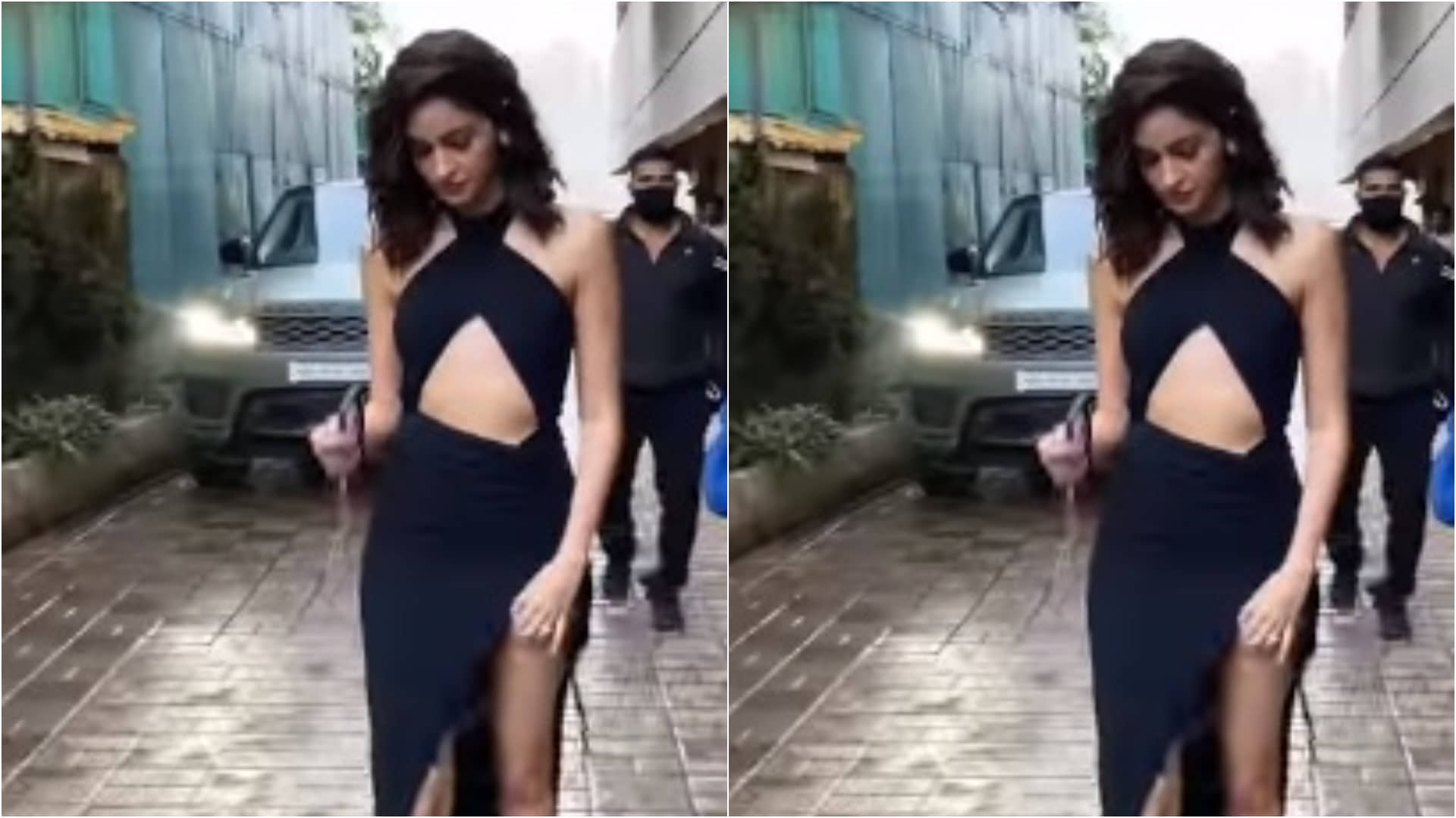 ananya panday black cutout dress for ligar trailer launch look uncomfortable and fix her clothe