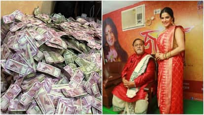 ईडी के छापे में बरामद कैश और पार्थ चटर्जी के साथ अर्पिता मुखर्जी।