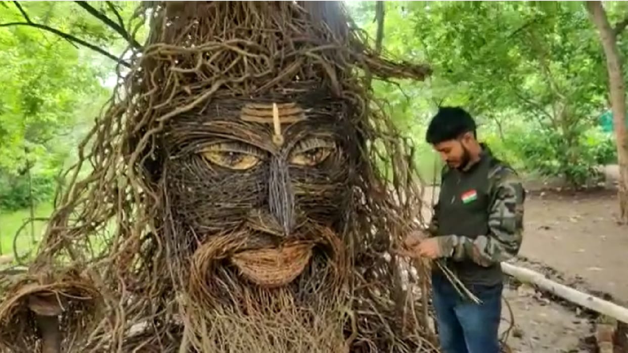 Statue of Mahakal made from tree roots and dry wood in Seoni, people reaching 10 feet high to see Shiva