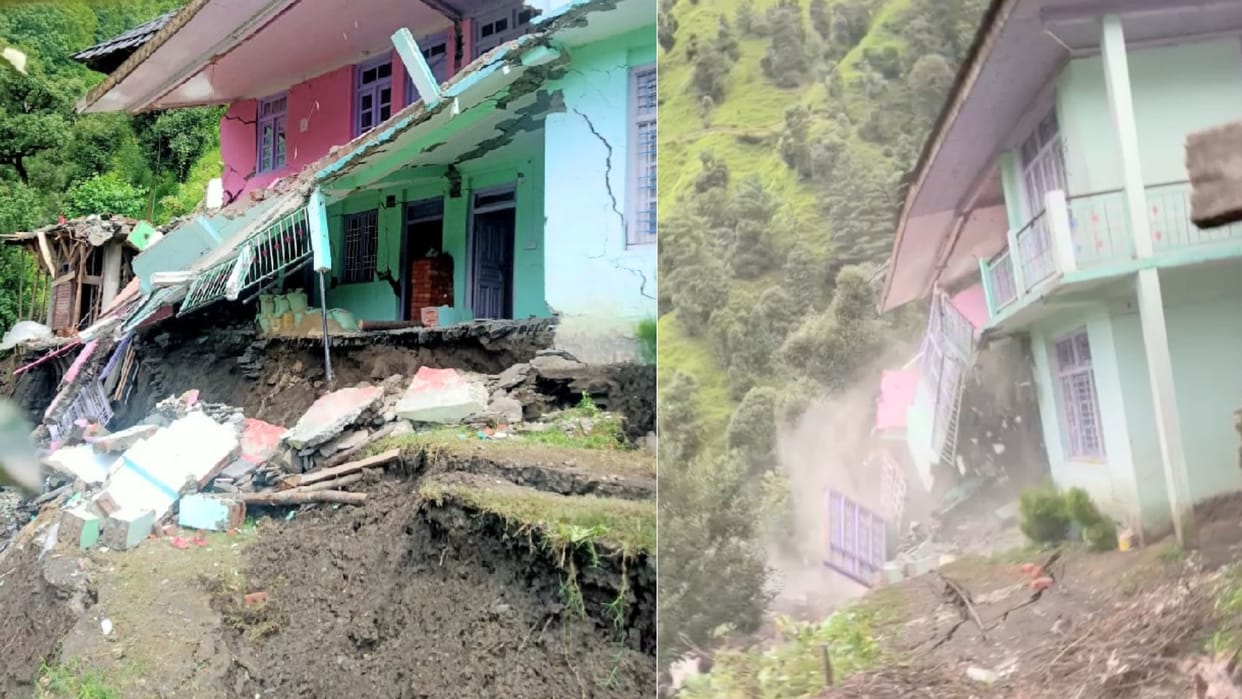 Four storey house collapsed due to landslide in Tanoch of Saraj himachal