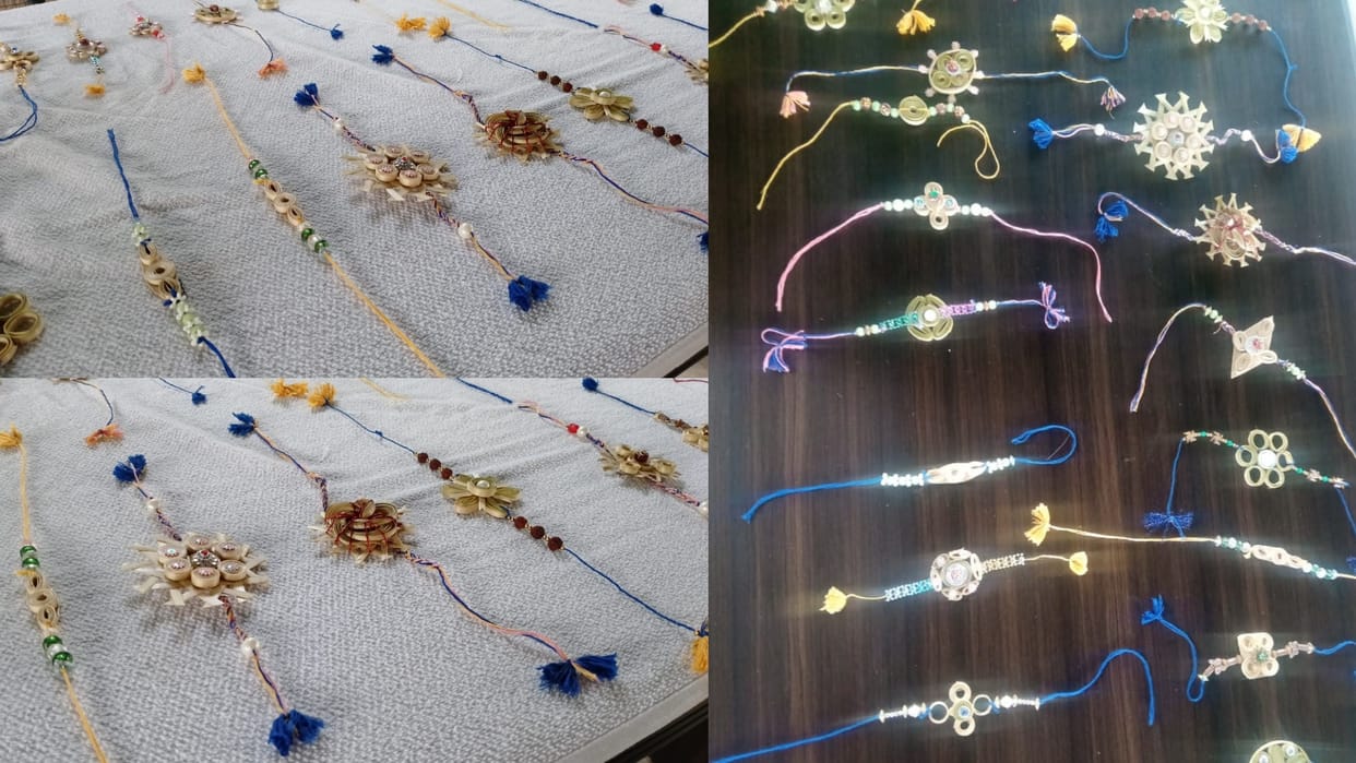 Women are making rakhis of bamboo in Gorakhpur.