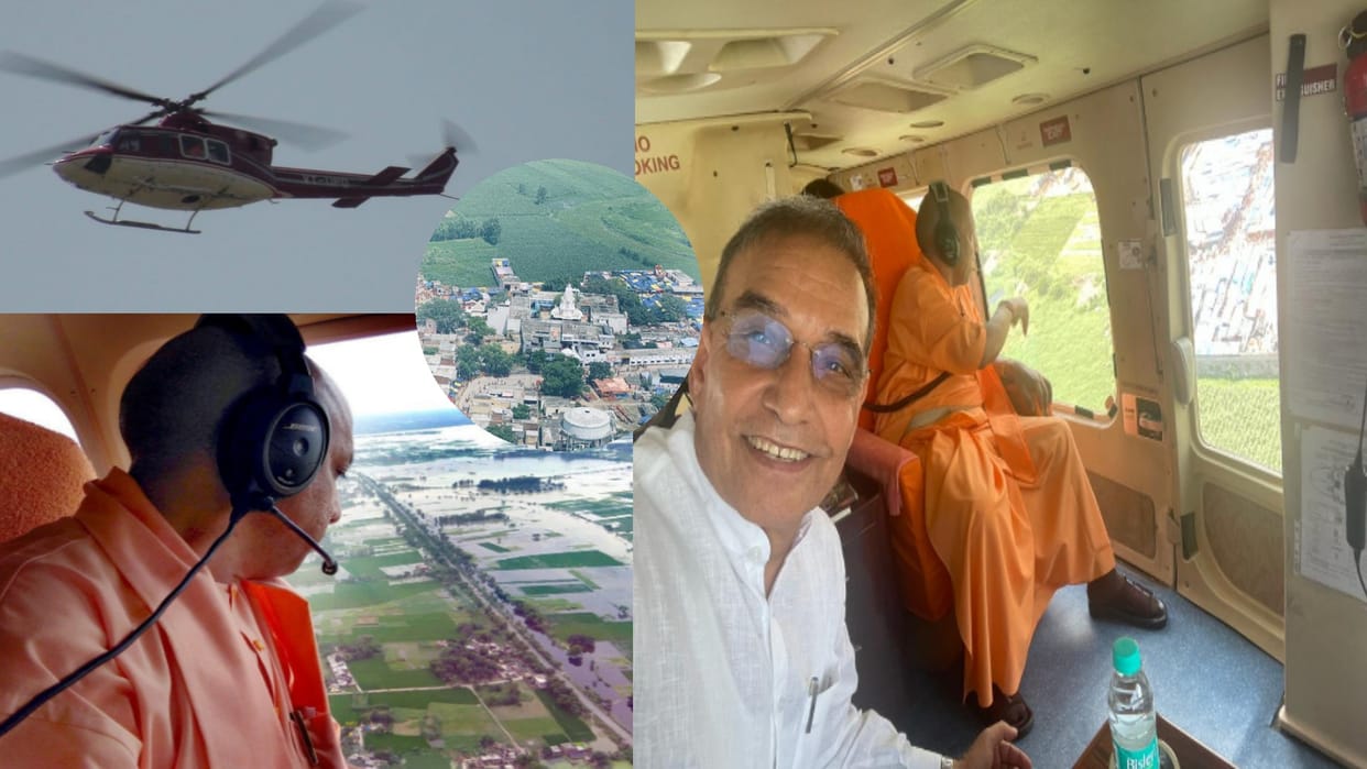 CM Yogi Adityanath showers flowers on Kanwad Kanwadies in Pura Mahadev Baghpat with helicopter