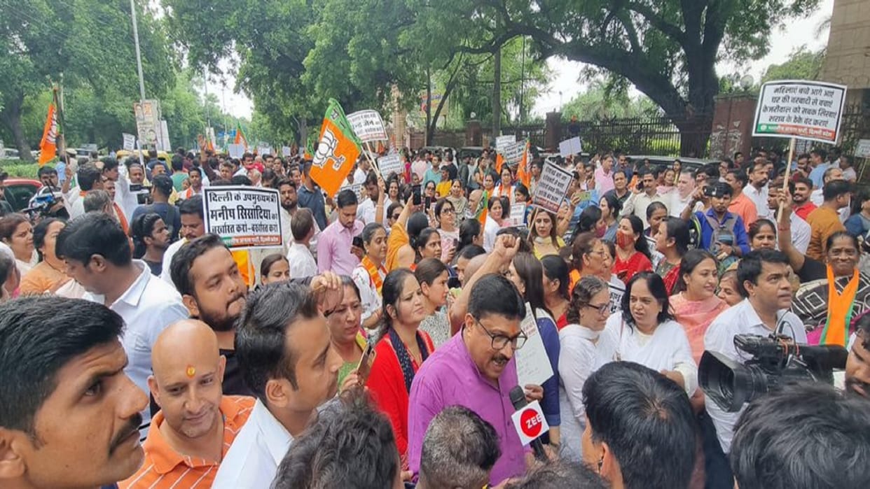 Delhi BJP protests against AAP govts flawed excise policy demands Sisodias resignation