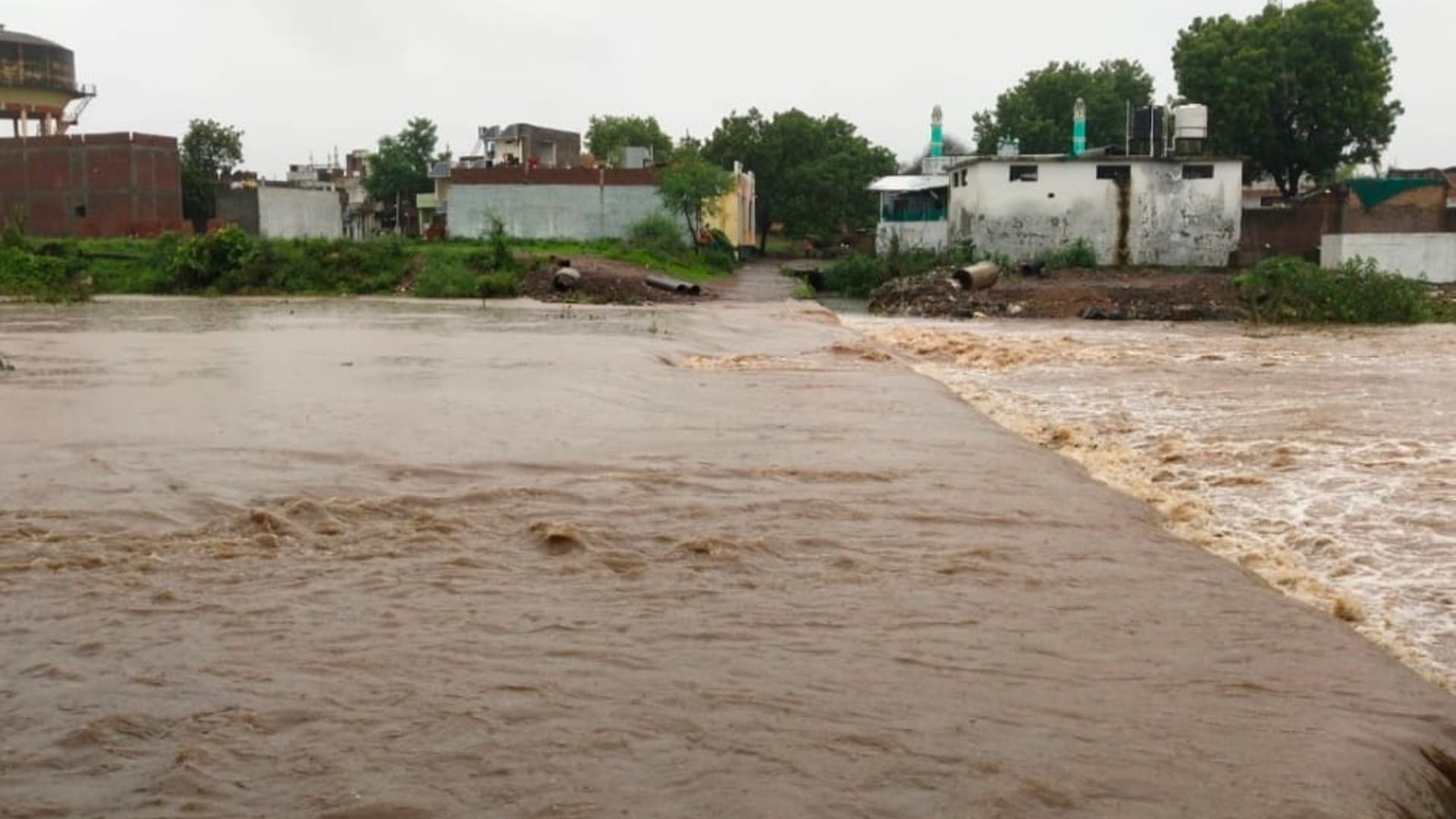 Villagers crossing the overflowing drain risking their lives in Shajapur