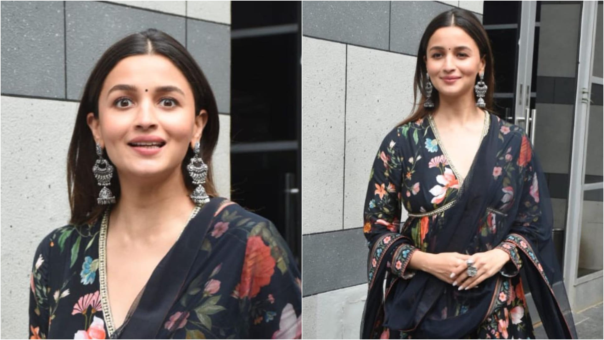 alia bhatt hide belly bump in black floral print sharara wearing for darling promotion