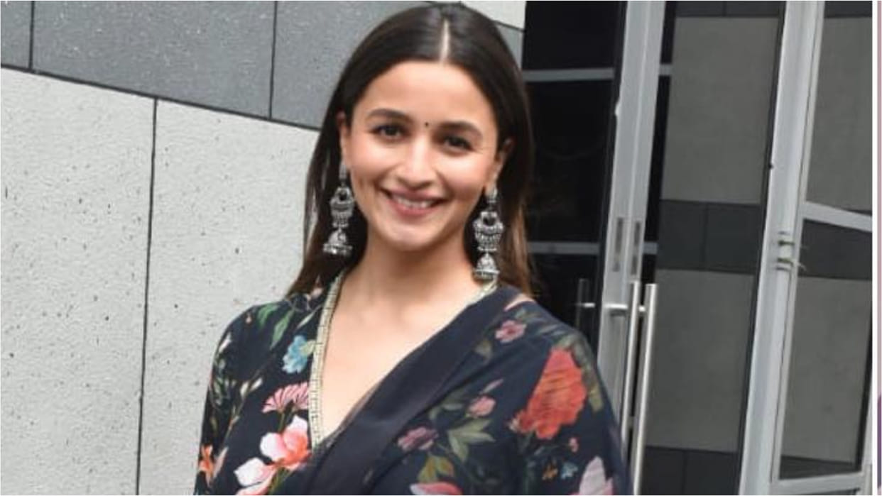 alia bhatt hide belly bump in black floral print sharara wearing for darling promotion