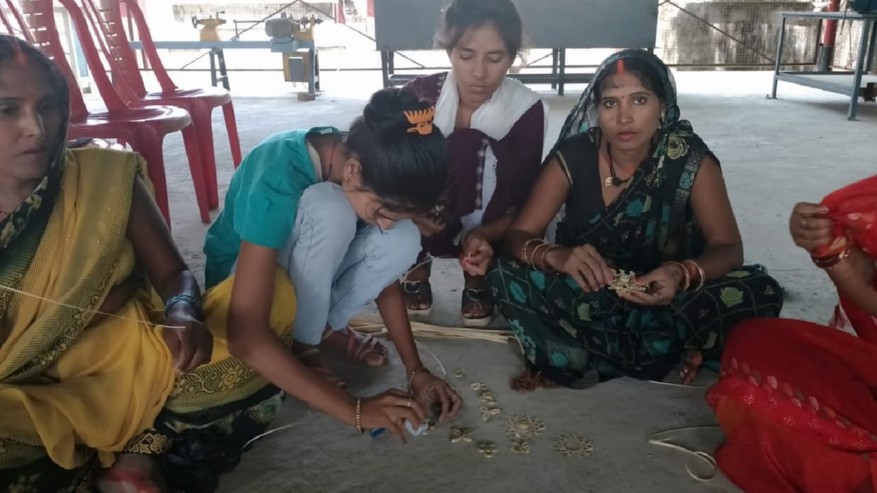 Women Groups of Campierganj preparing rakhis made of bamboo