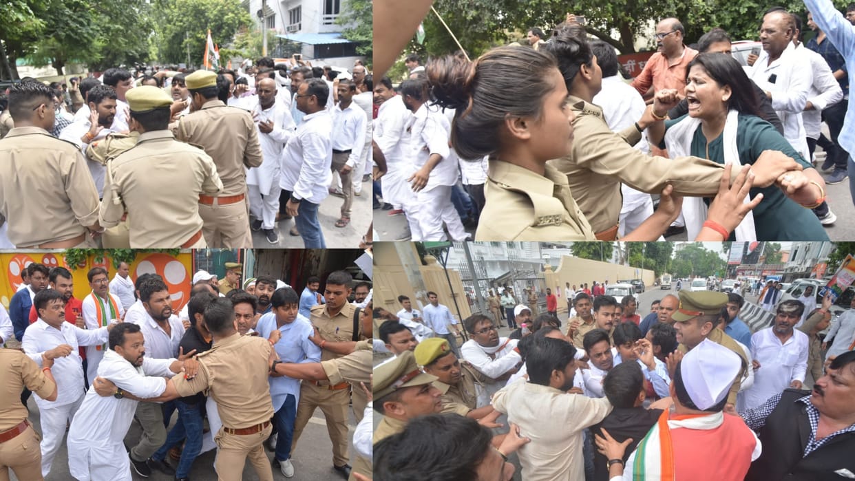 Congress protest in Lucknow against interrogation of ED to Sonia Gandhi.