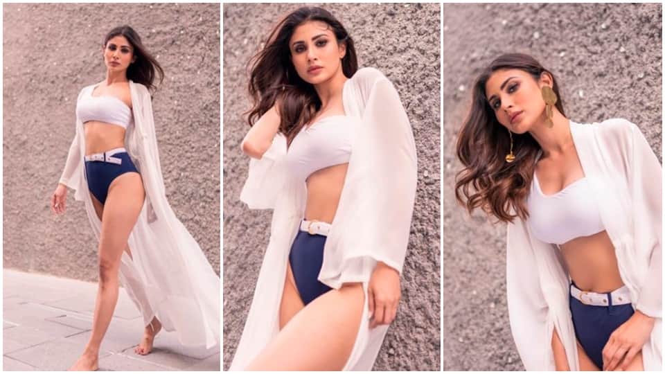 mouni roy bold photos in blue bikini pant and white bra top viral on social media