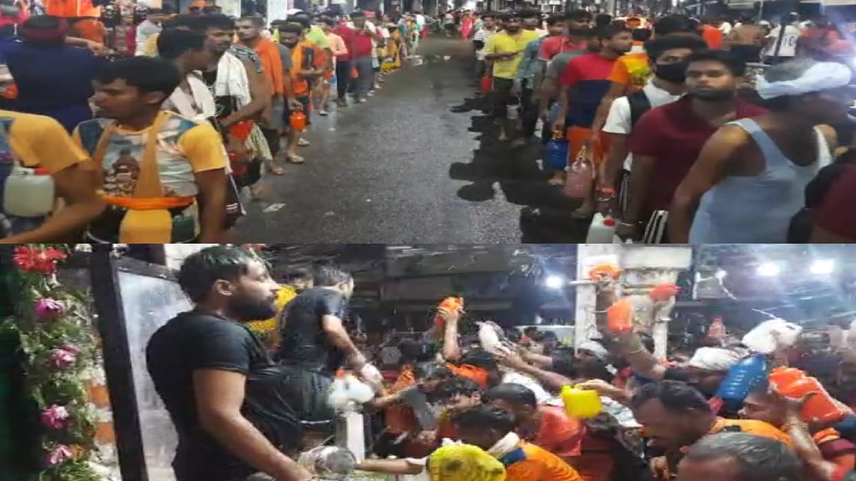There was a queue of Kanwariyas for Jalabhishek in the temple at Shiv Chowk in Muzaffarnagar