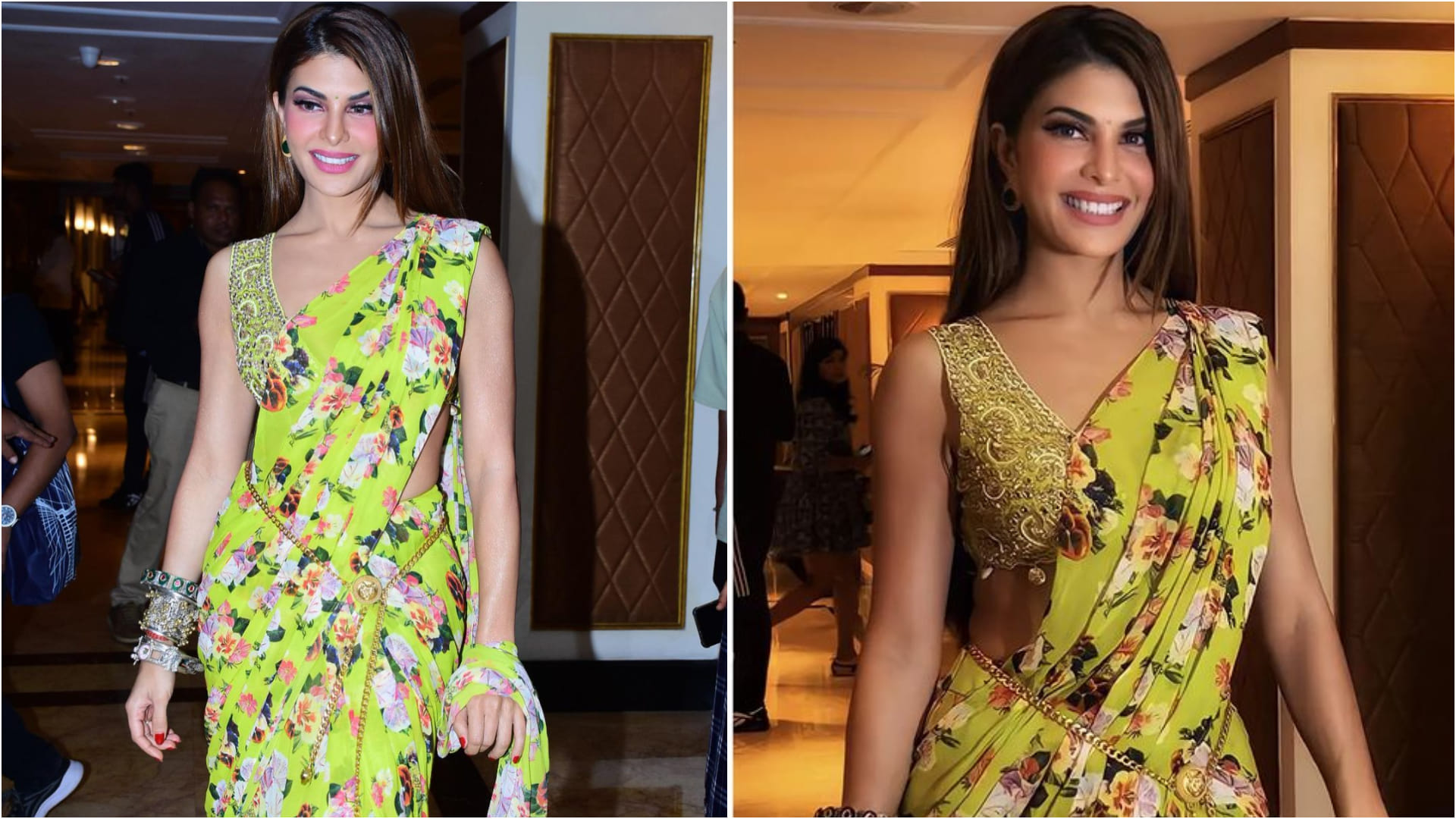 jacqueline fernandez choose green printed saree worth 60k for poses salman khan