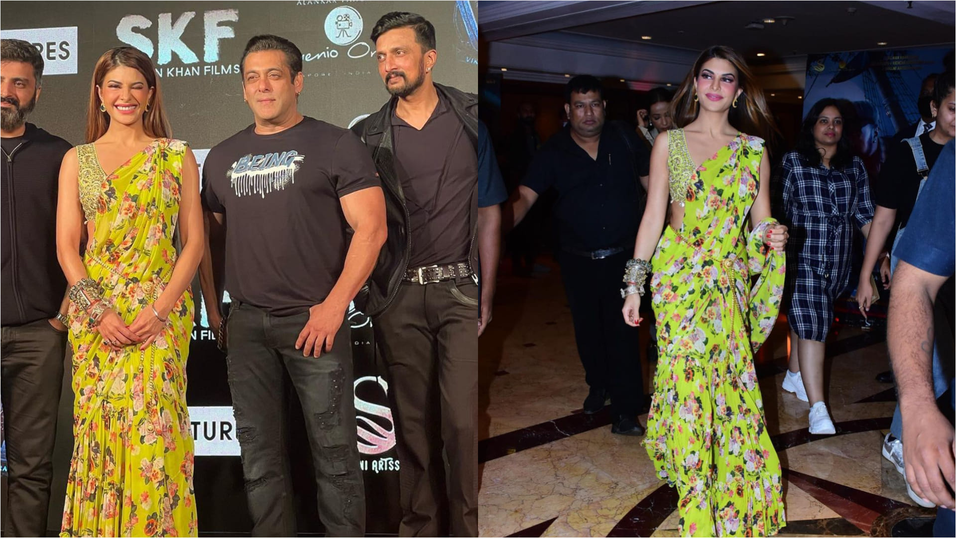 jacqueline fernandez choose green printed saree worth 60k for poses salman khan