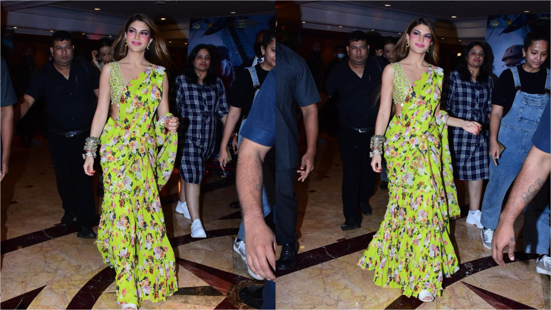 jacqueline fernandez choose green printed saree worth 60k for poses salman khan