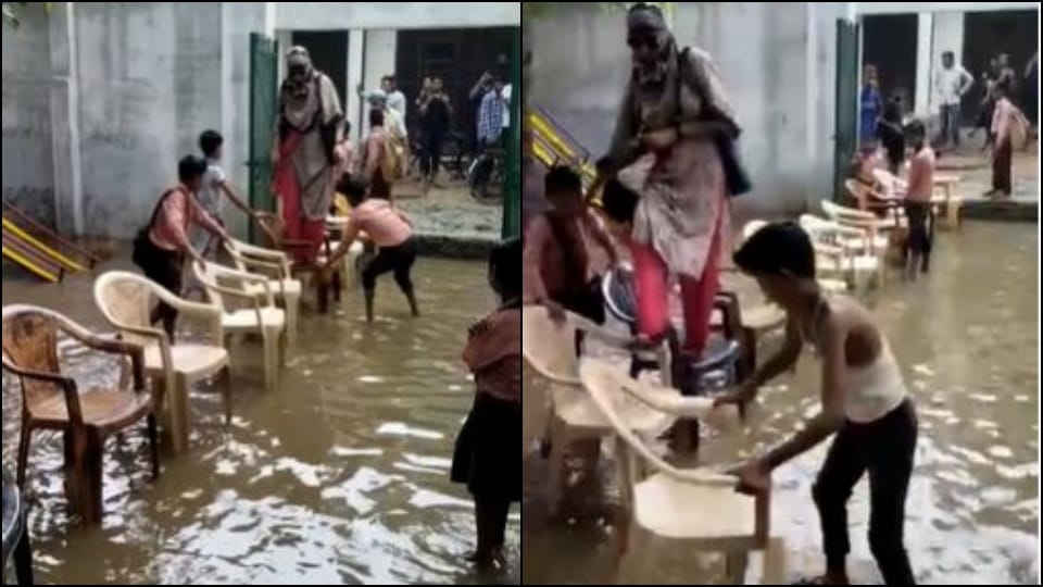 Water logging in primary school lady teacher reached with feet on chairs in mathura