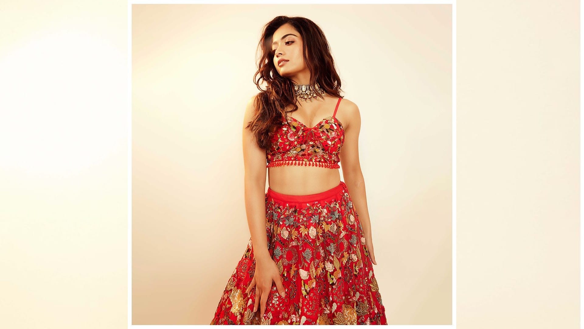 rashmika mandanna latest sizzling look photos in golden shimmer lehenga see actress pics here