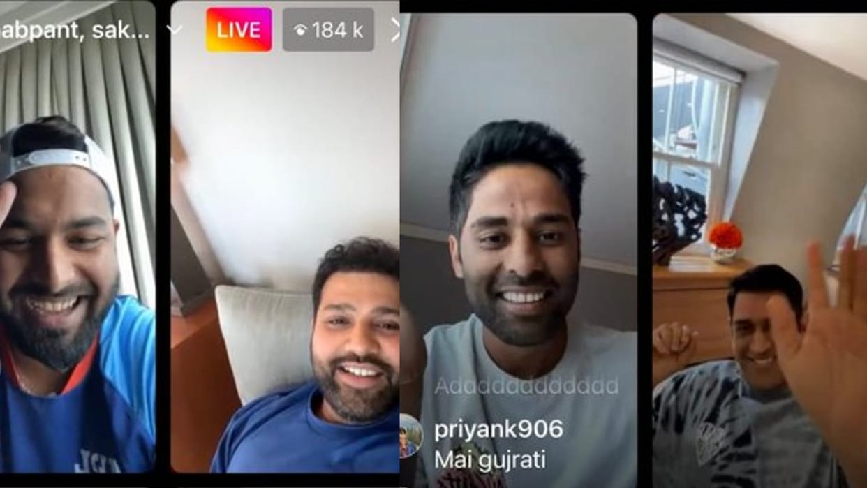 Rishabh Pant adds MS Dhoni in instagram live see reaction of Rohit sharma and Suryakumar Yadav