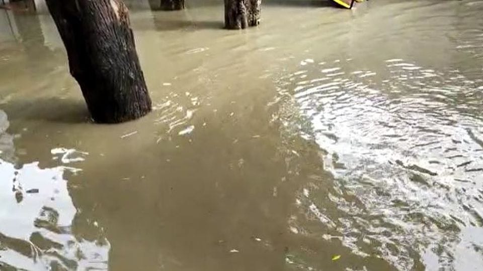 Water logging in primary school lady teacher reached with feet on chairs in mathura