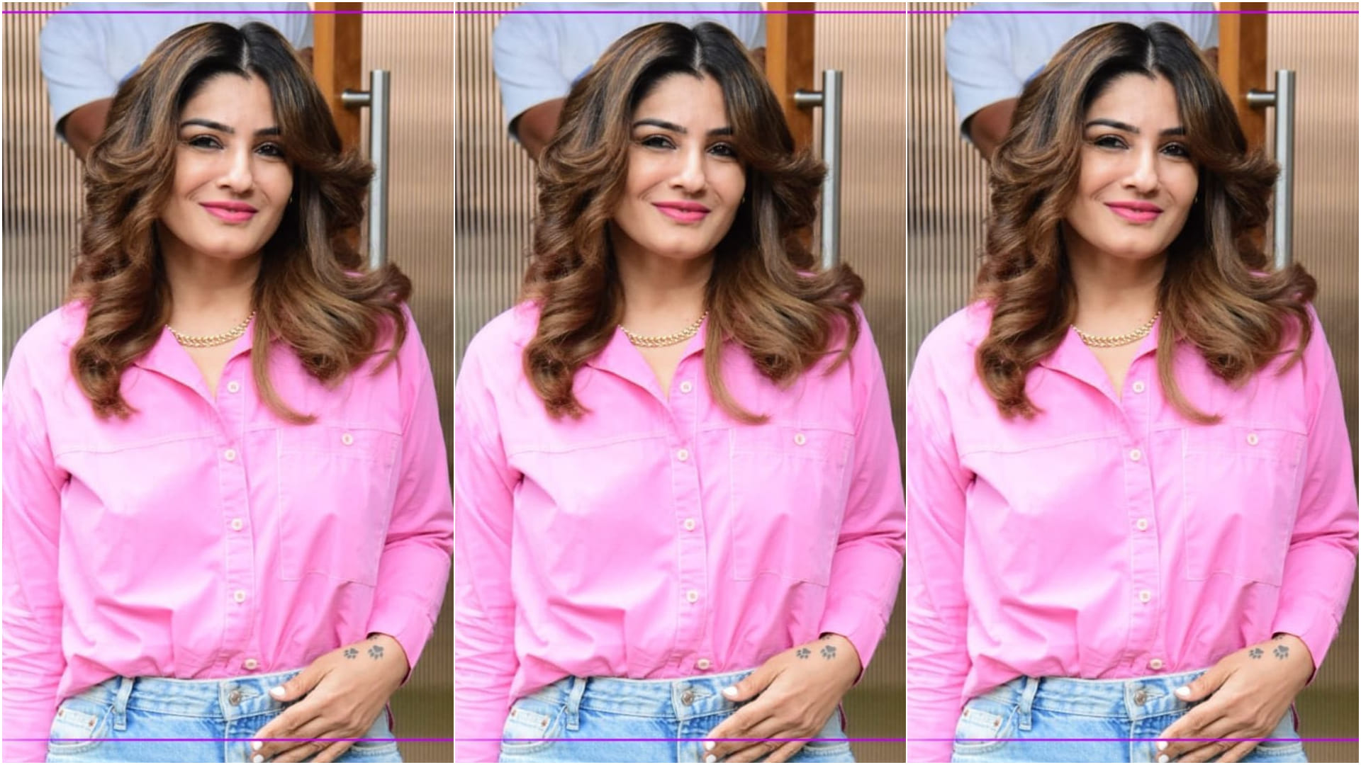 raveena tandon looks beautiful in recent outing wear ripped jeans with pink shirt