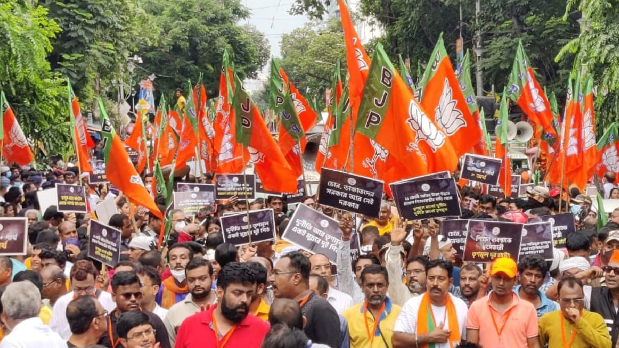 West Bengal BJP leaders hold a protest march in Kolkata against the SSC scam ubiquitous corruption