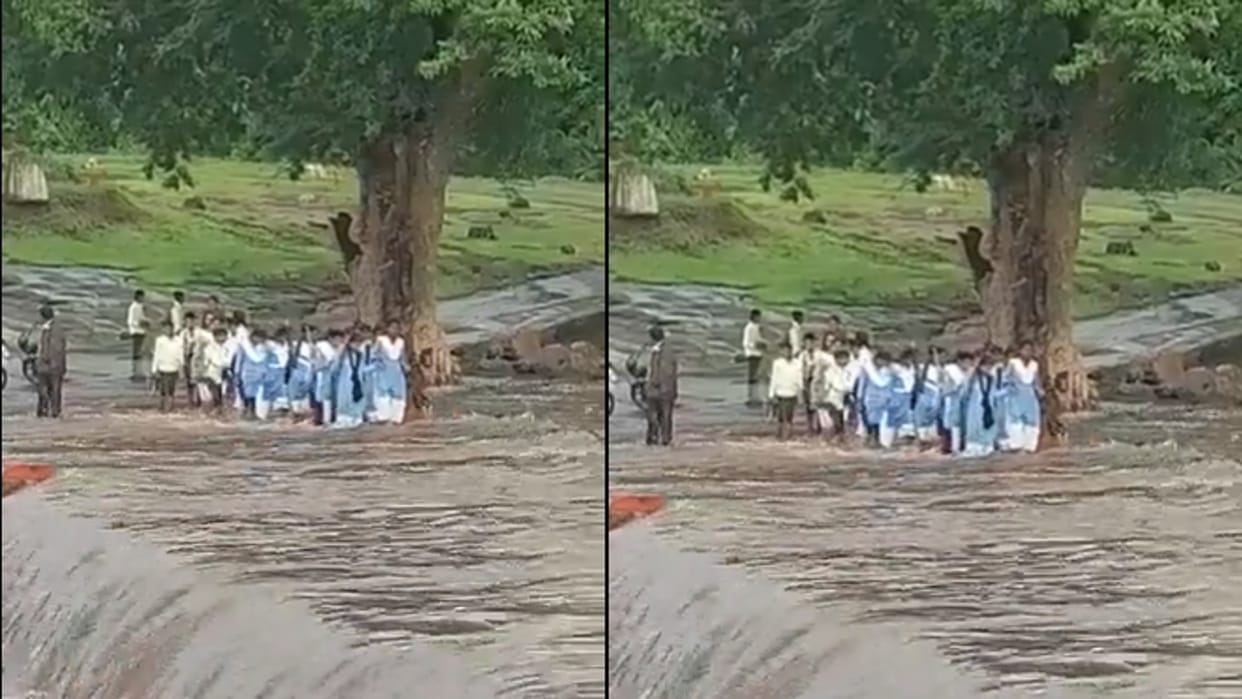 Only road closed due to heavy rains in Harda, girls forced to go to school risking their lives