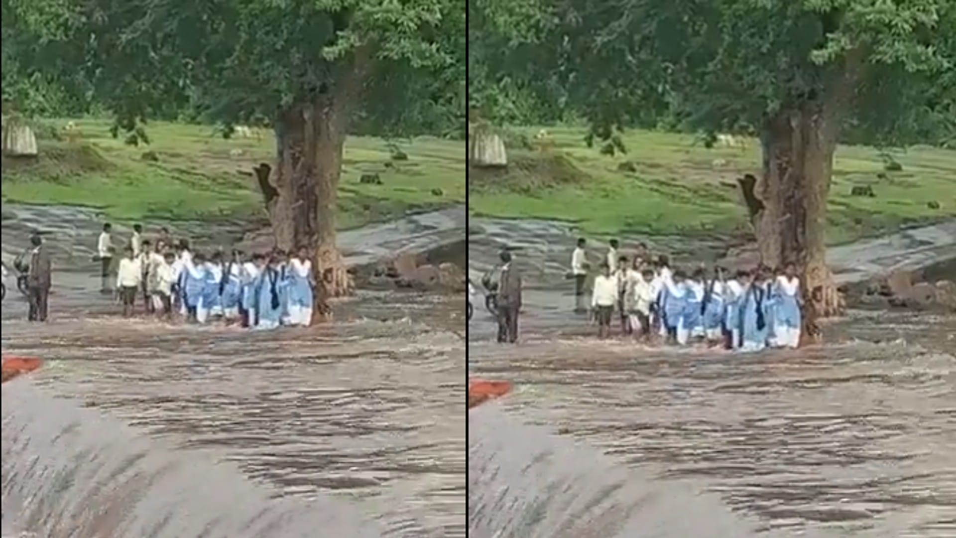 जान जोखिम में डालकर स्कूल जा रही छात्राएं।
