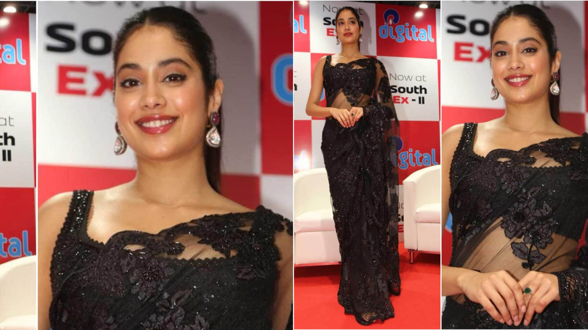 janhvi kapoor multi color shimmer saree with hot bikini blouse look bold