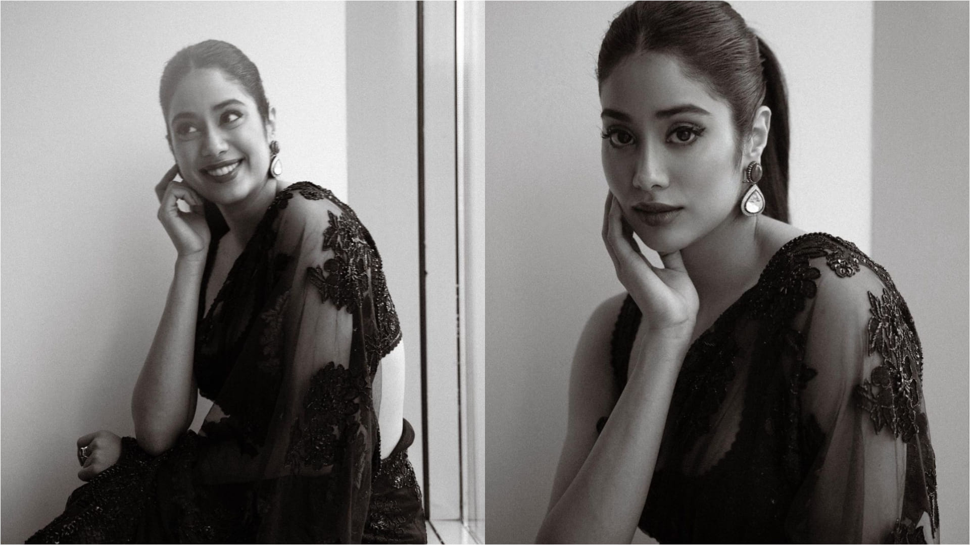 janhvi kapoor in black sheer saree from manish malhotra looks beautiful