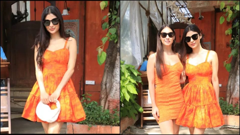 brahmastra actress mouni roy spot with lauren gottlieb looking gorgeous in short orange colors midi dress