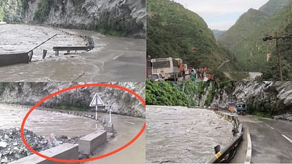 flooded beas river water reached on national highway in mandi himachal pradesh