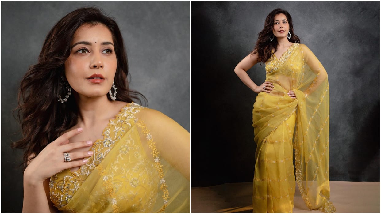 South Actress raashi khanna shared her latest photos in golden yellow saree picture went viral on internet