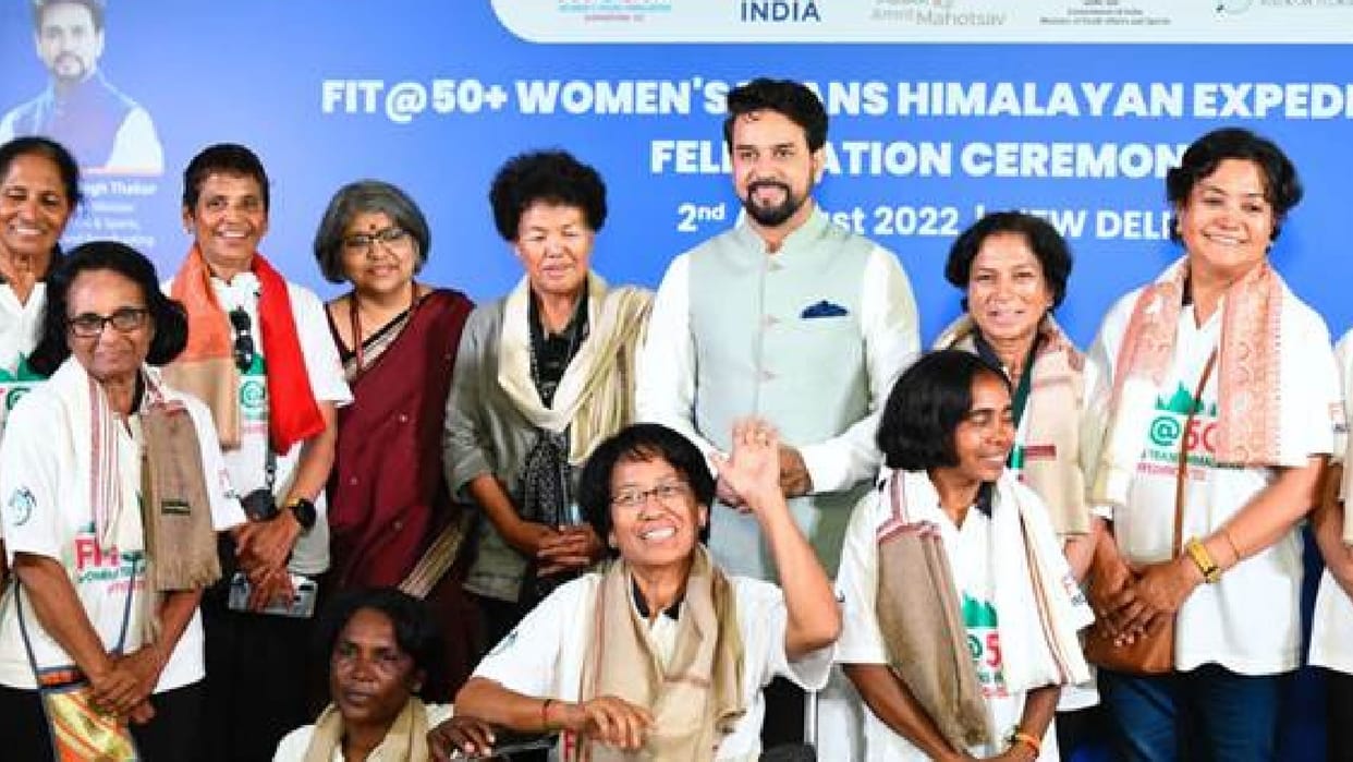 Anurag Thakur felicitates inspirational Bachendri Pal-led Fit @50+ Women Trans Himalayan Expedition 2022 team