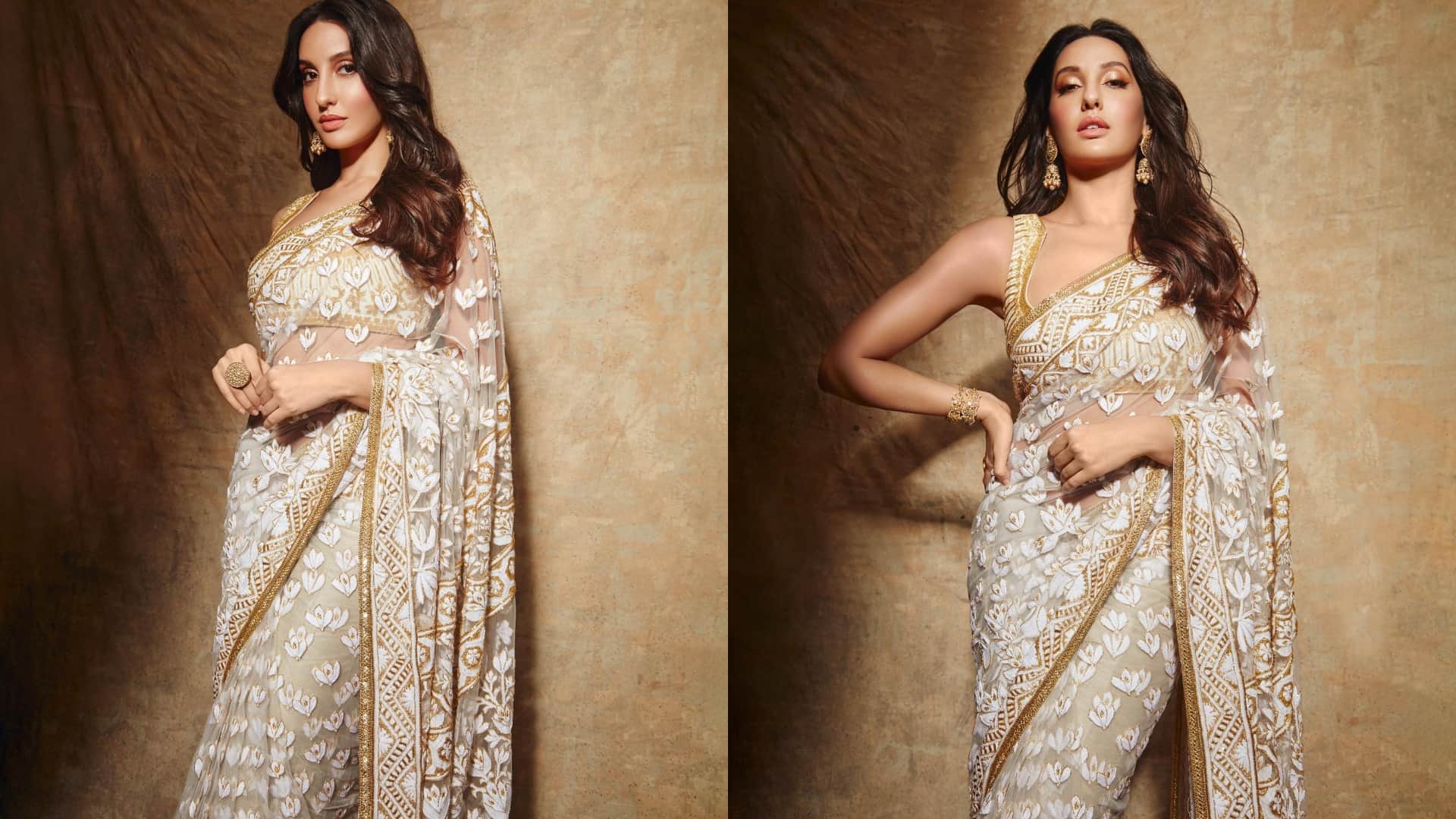 nora fatehi look stunning in ivory manish malhotra sheer fabric saree