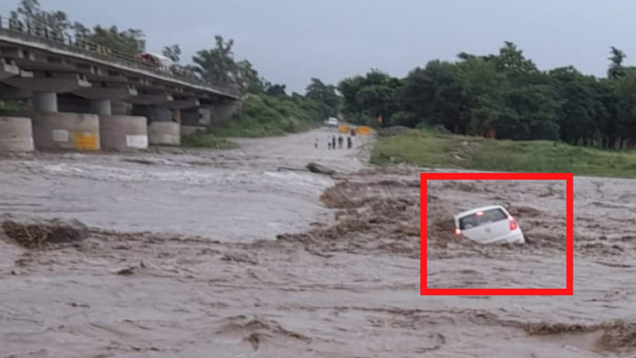 The water has crossed the danger mark in the Ganges in Bijnor and the car is washed away