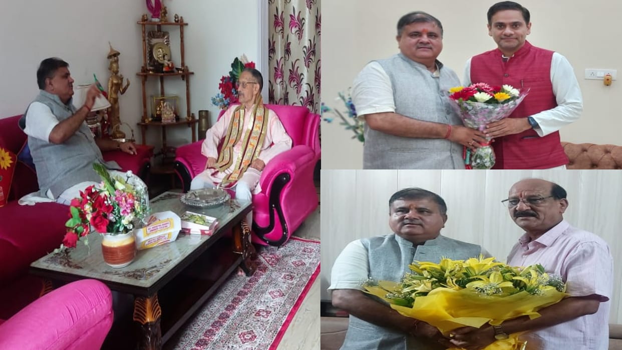 BJP state president Mahendra Bhatt arrived to meet ministers and MLAs