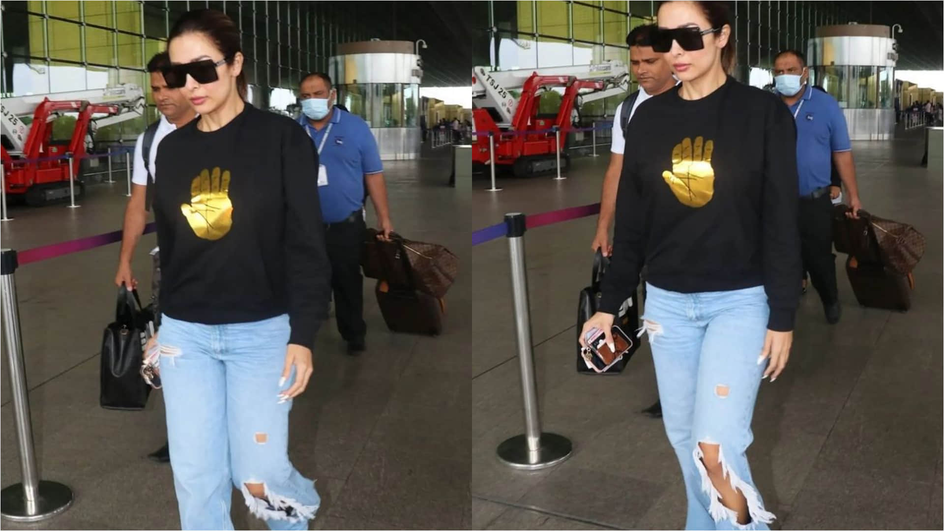 malaika arora deglam look in airport wearing ripped jeans with black t shirt
