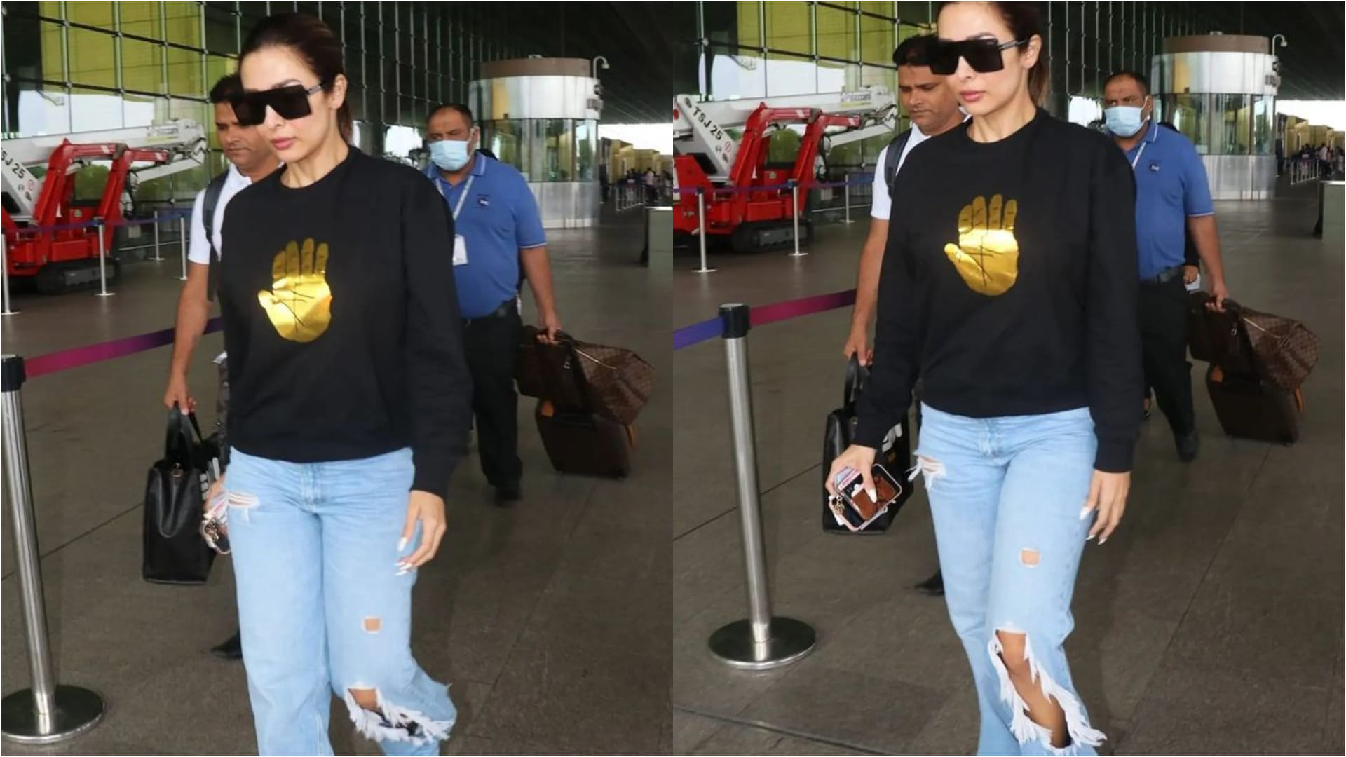 malaika arora deglam look in airport wearing ripped jeans with black t shirt