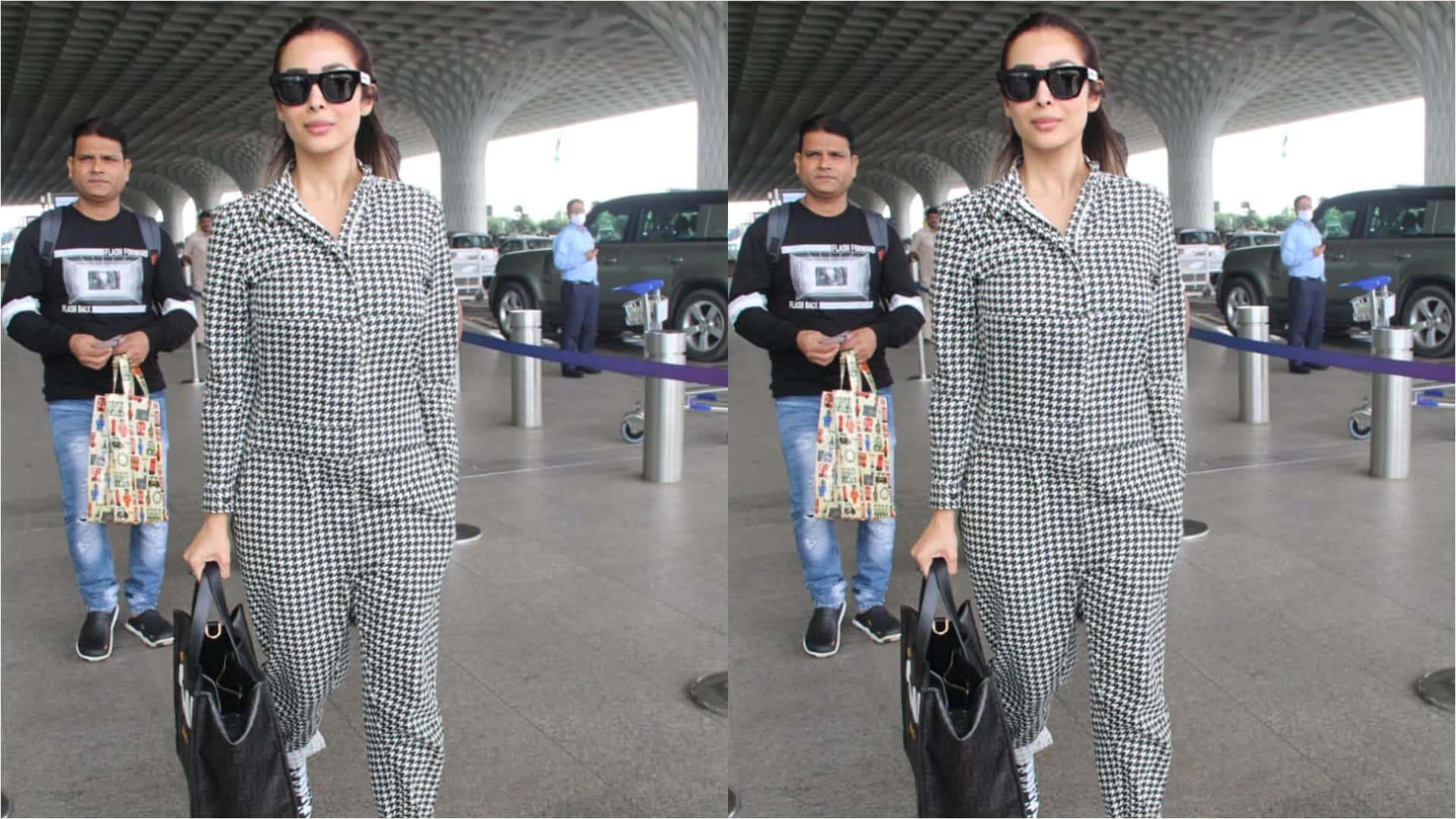 malaika arora deglam look in airport wearing ripped jeans with black t shirt