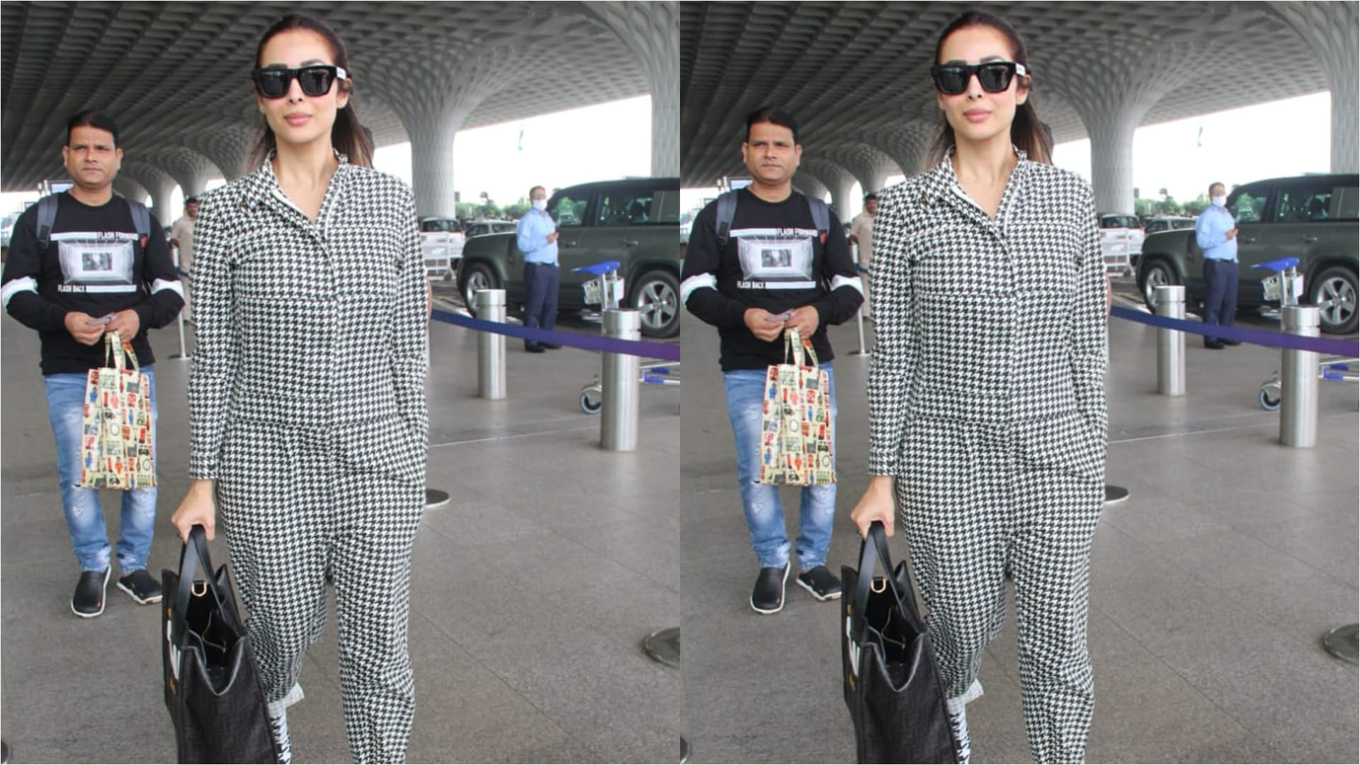 malaika arora deglam look in airport wearing ripped jeans with black t shirt