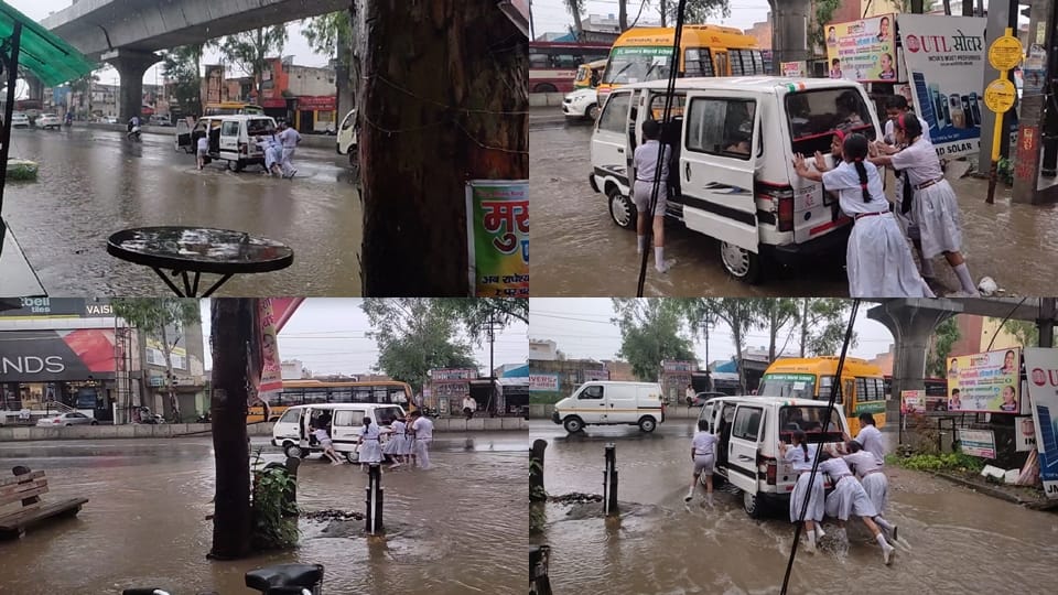 school students pushing school van in muradnagar