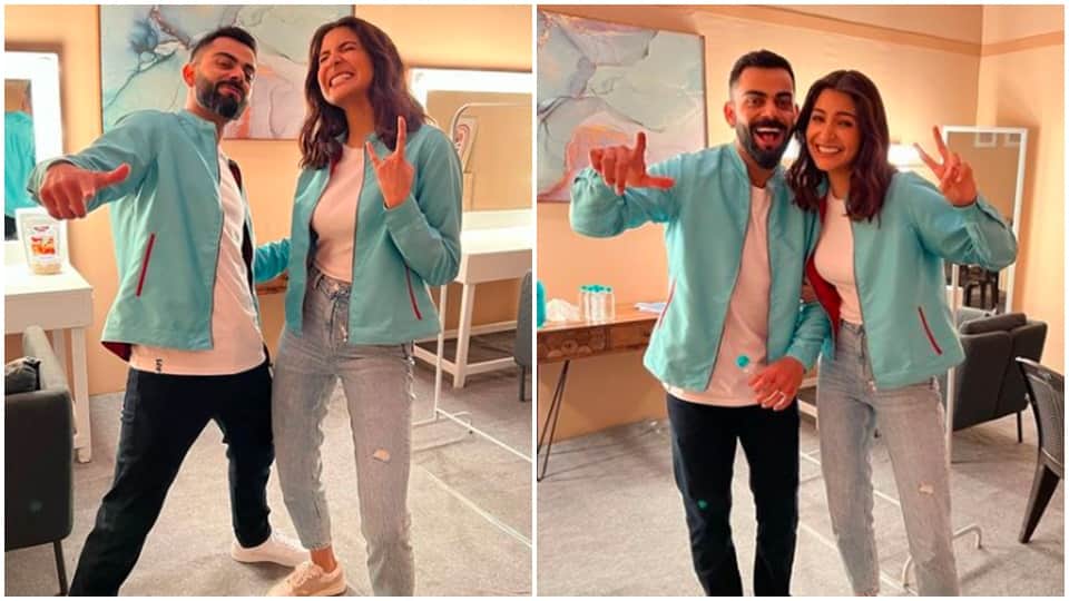 anushka sharma shares post with husband virat kohli twnning in blue jacket