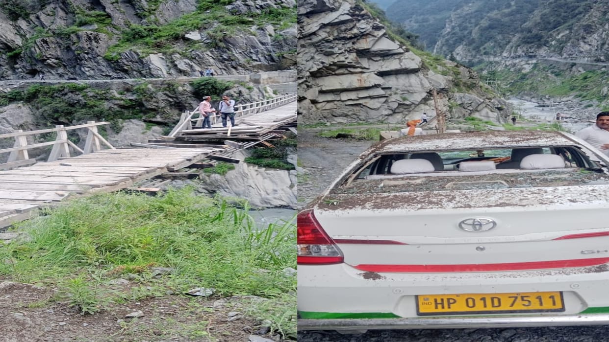 Car and wooden bridge damaged due to landslide in chamba himachal