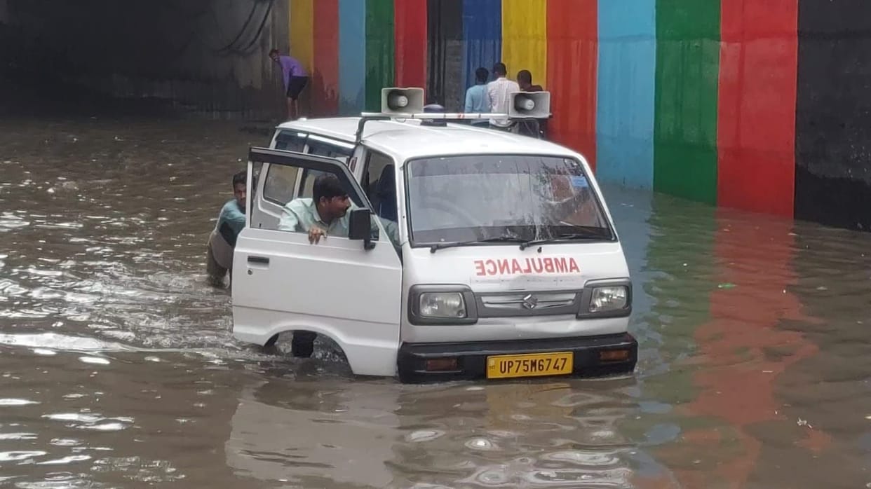 In Etawah, the driver dropped the ambulance in a water-filled underpass