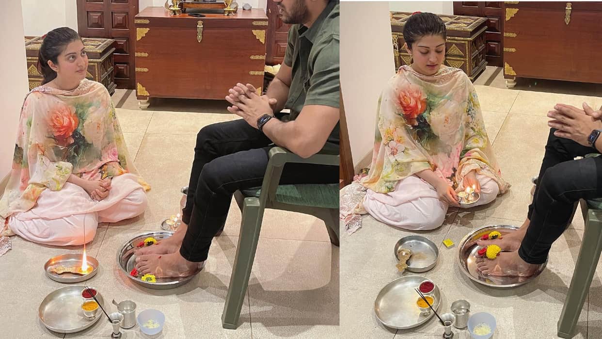 actress pranitha subhash reacts trolls criticising her photo sitting near husband feet for bheemana amavasya