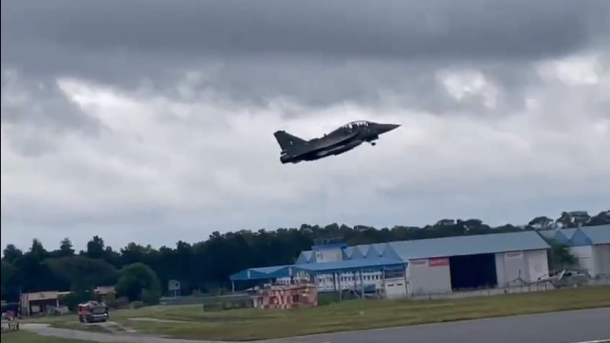 IAF Chief Marshal VR Chaudhari taking off in a Light Combat Aircraft Tejas fighter jet in Bengaluru